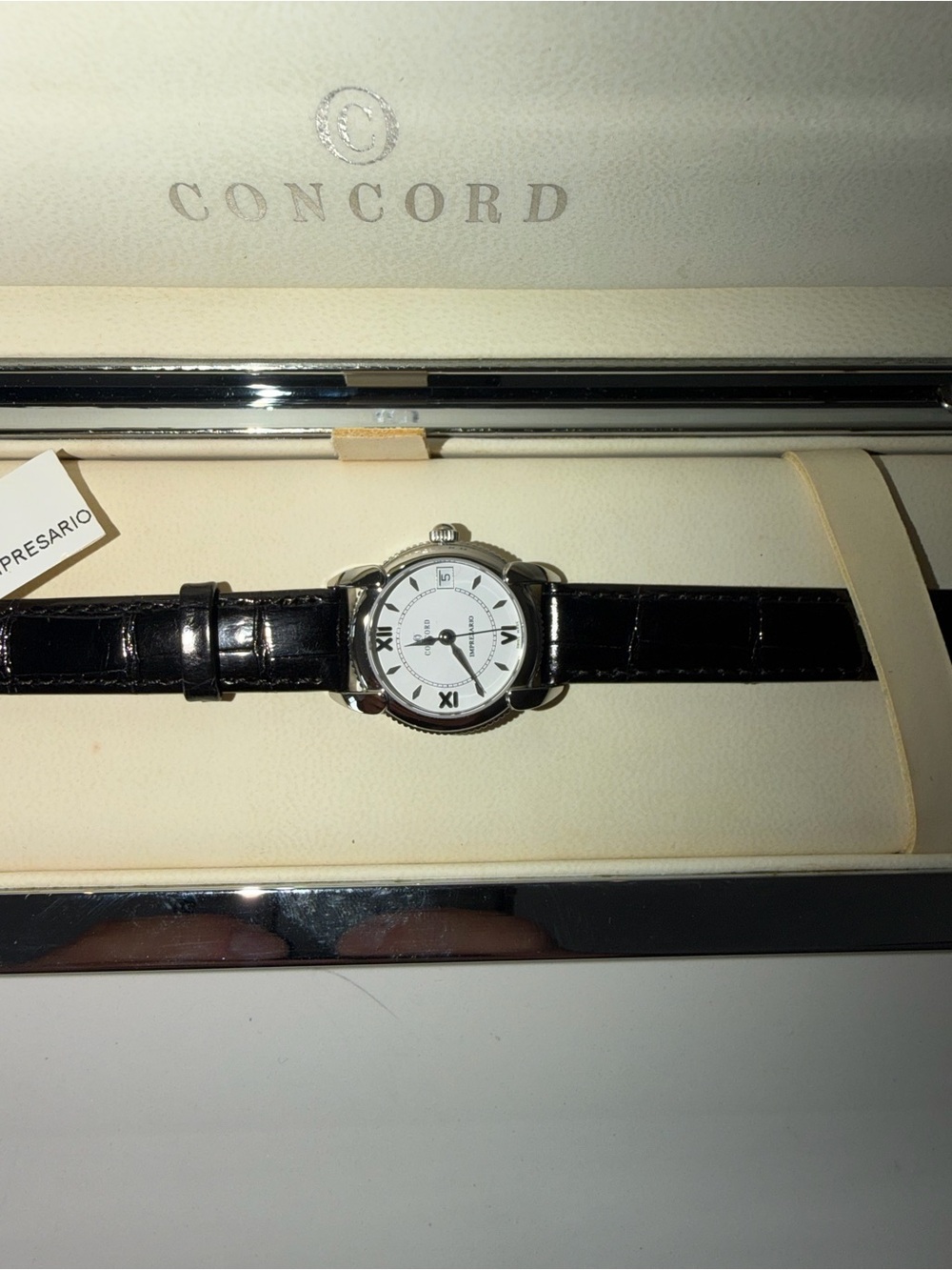 Concord Women’s Black Leather Strap Watch - Silver Case, White Dial